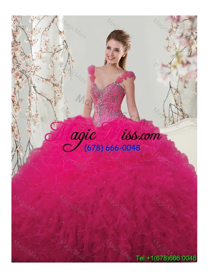 wholesale discount handcrafted flowers decorated straps hot pink quinceanera dress with ruffles