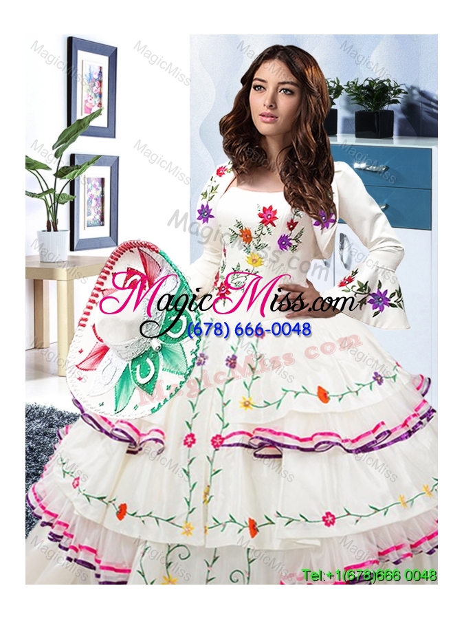 wholesale modest puffy skirt strapless quinceanera gown with ruffled layers and embroidery