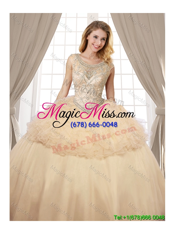 wholesale gorgeous ruffled and beaded champagne removable quinceanera dresses in organza and tulle