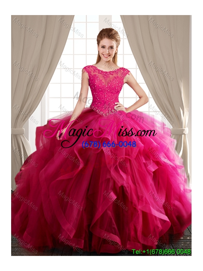 wholesale most popular beaded and ruffled fuchsia removable quinceanera dresses with cap sleeves