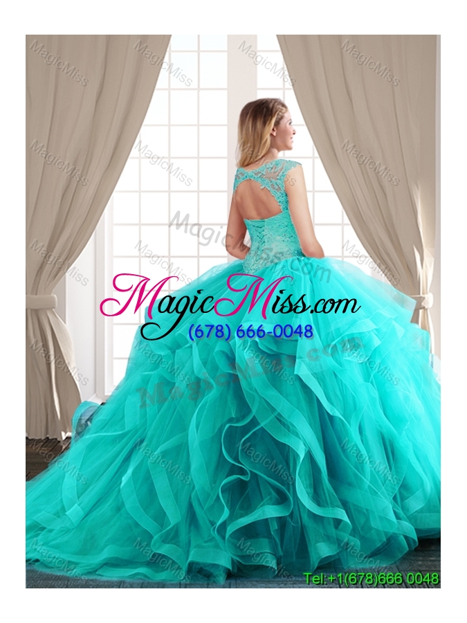 wholesale affordable see through scoop brush train turquoise quinceanera dress with cap sleeves