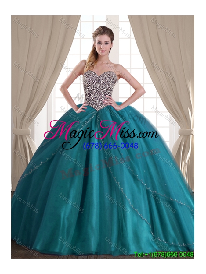 wholesale affordable big puffy brush train teal removable quinceanera dresses with beading