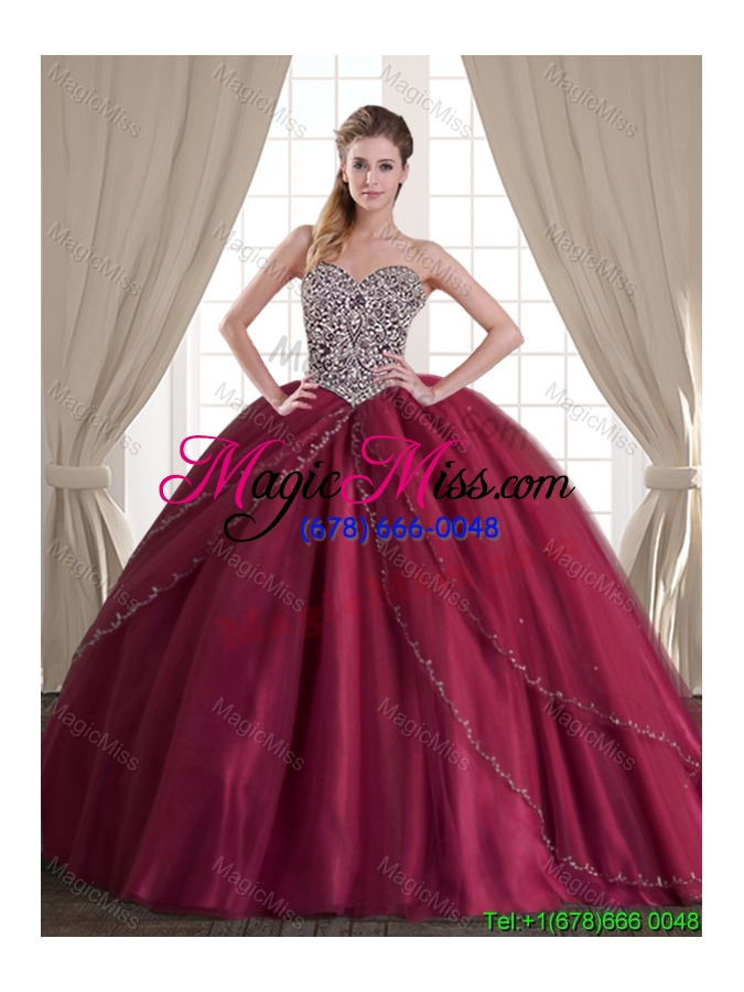 wholesale exclusive beaded brush train tulle sweetheart quinceanera dress in burgundy