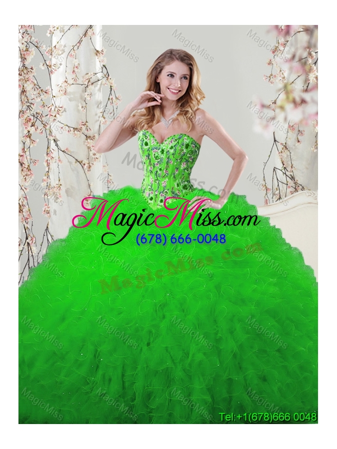 wholesale popular visible boning embroideried and ruffled quinceanera dress in spring green