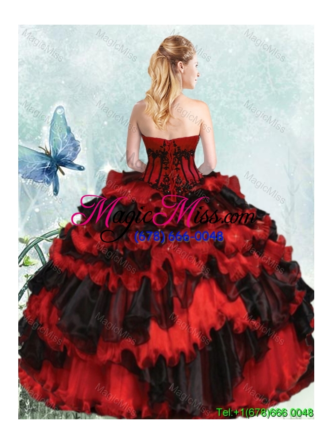wholesale unique applique and ruffled layers strapless quinceanera dress in black and red