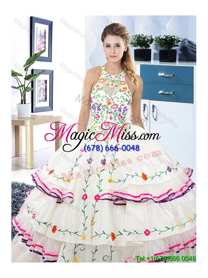 wholesale new arrivals see through halter top embroideried quinceanera dress with ruffled layers