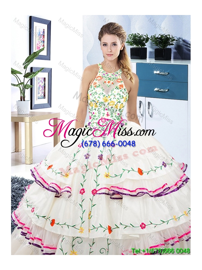 wholesale new arrivals see through halter top embroideried quinceanera dress with ruffled layers