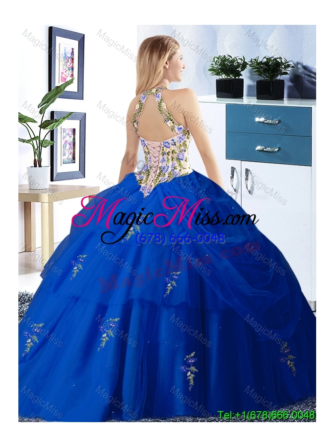 wholesale discount embroideried bodice and bubble halter top orange quinceanera dress in tulle