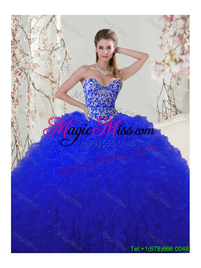 wholesale best selling beaded and ruffled royal blue quinceanera dress in tulle