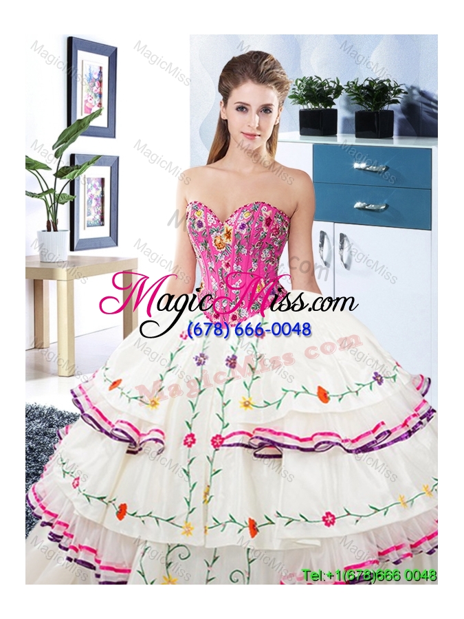 wholesale romantic visible boning embroideried and ruffled layers quinceanera dress in white