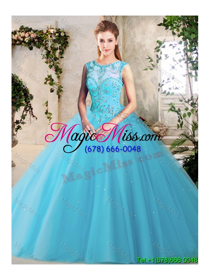 wholesale hot sale see through scoop beaded tulle quinceanera dress in baby blue