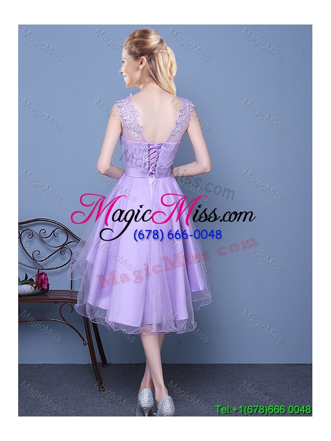 wholesale lovely see through scoop high low laced and bowknot dama dress in lavender