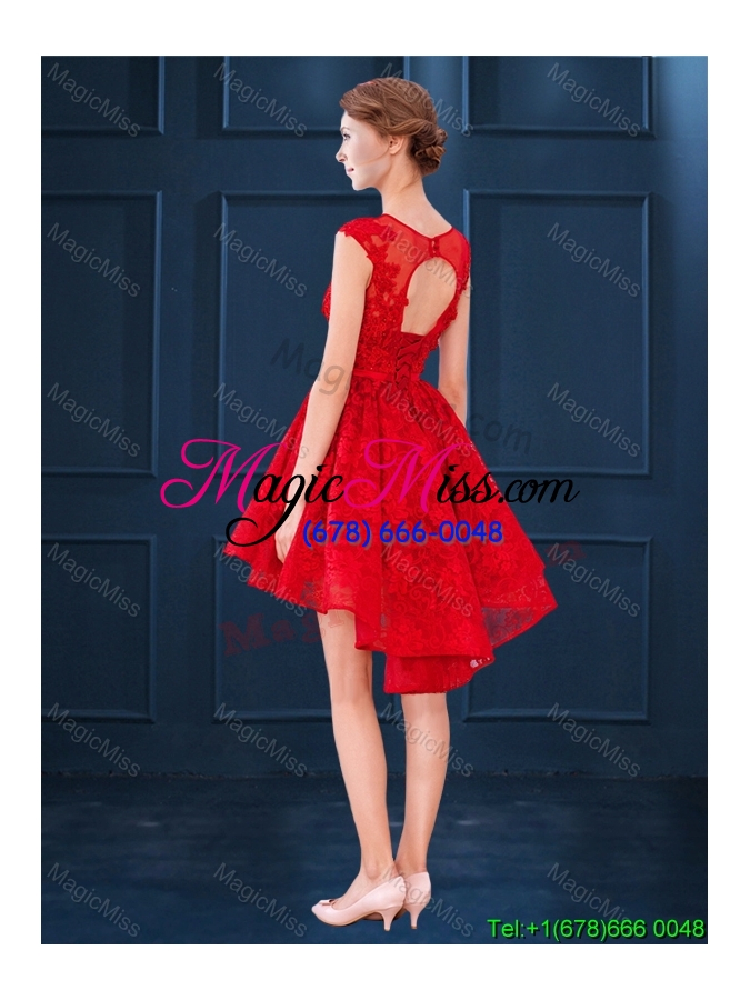 wholesale elegant laced see through scoop red bridesmaid dress in high low