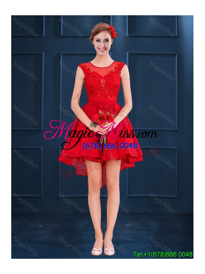 wholesale elegant laced see through scoop red bridesmaid dress in high low