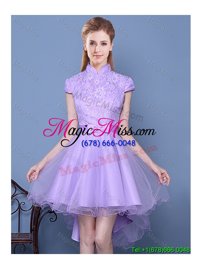 wholesale classical high neck zipper up laced bodice bridesmaid dress with short sleeves