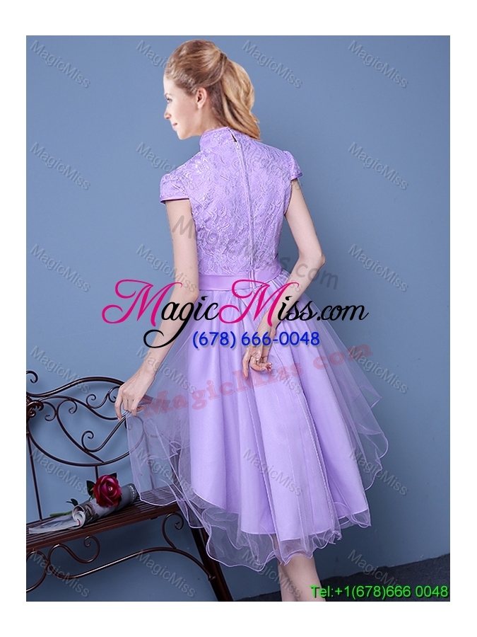wholesale classical high neck zipper up laced bodice bridesmaid dress with short sleeves