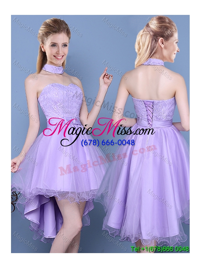wholesale cheap laced and bowknot high low lavender bridesmaid dress in tulle and taffeta