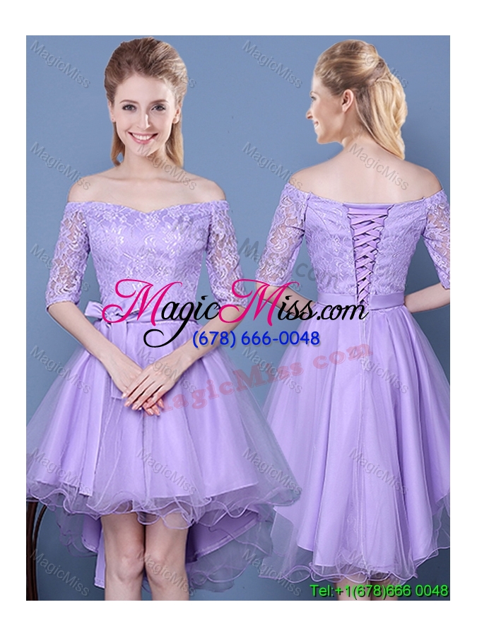 wholesale cheap laced and bowknot high low lavender bridesmaid dress in tulle and taffeta