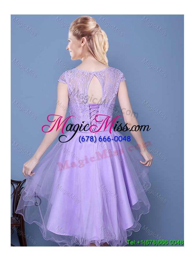 wholesale luxurious see through short sleeves laced bodice bridesmaid dress in high low