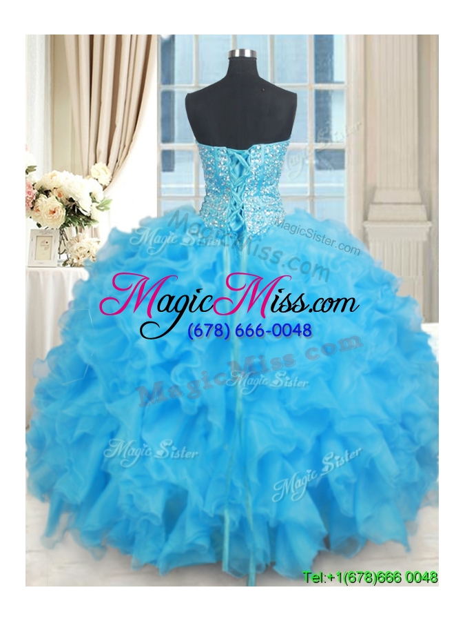 wholesale popular visible boning organza baby blue quinceanera dress with ruffles and beading