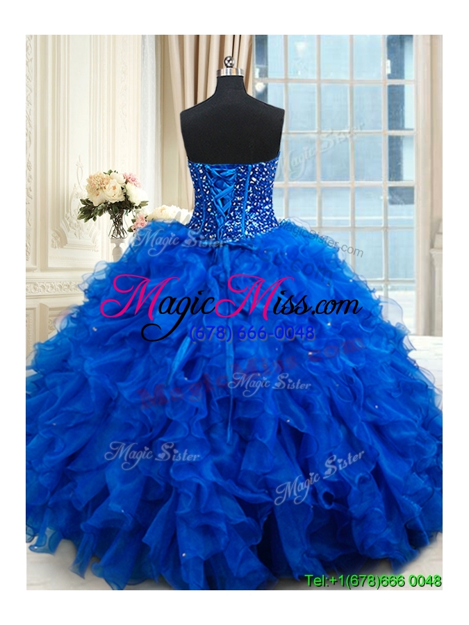 wholesale most popular visible boning royal blue quinceanera dress with ruffles and beading