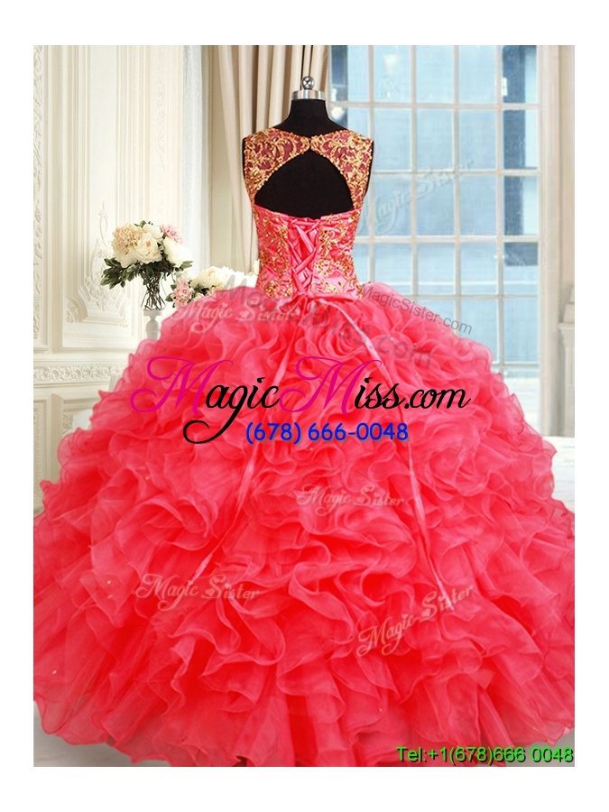 wholesale new style straps organza coral red sweet 16 dress with ruffles and beading