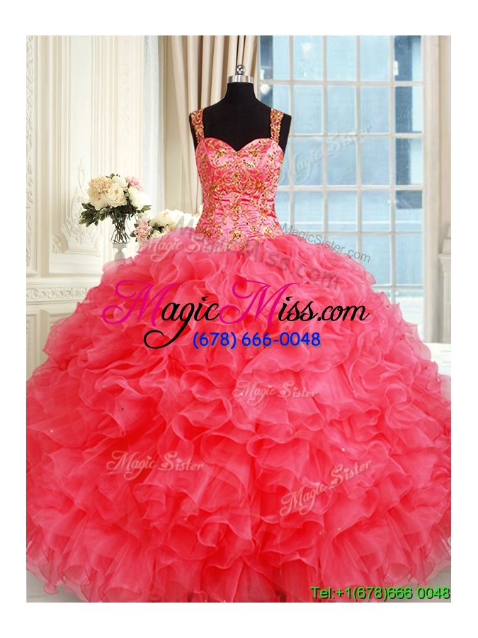 wholesale new style straps organza coral red sweet 16 dress with ruffles and beading