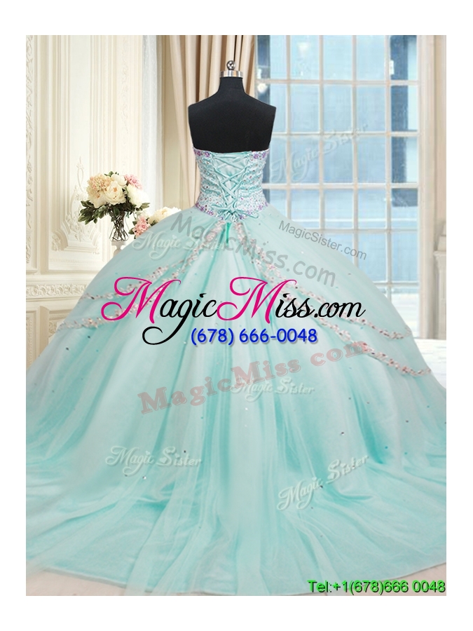 wholesale romantic tulle beaded bodice apple green quinceanera dress with brush train