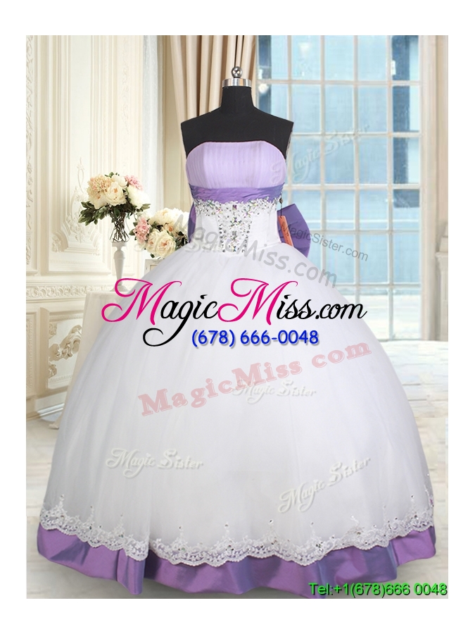 wholesale new arrivals strapless lacework and bowknot quinceanera dress in white and purple