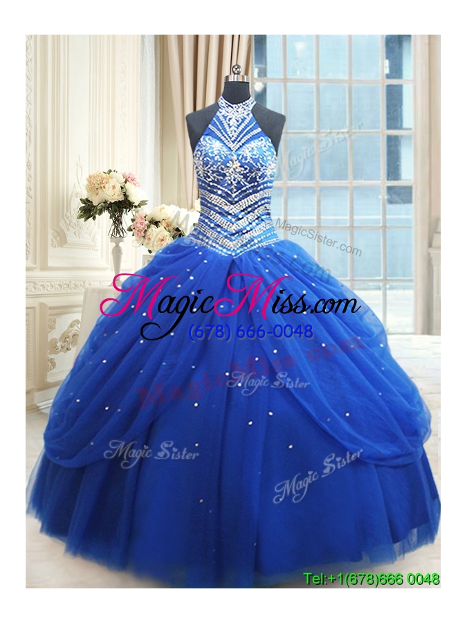 wholesale top seller beaded decorated halter top royal blue quinceanera dress in tulle