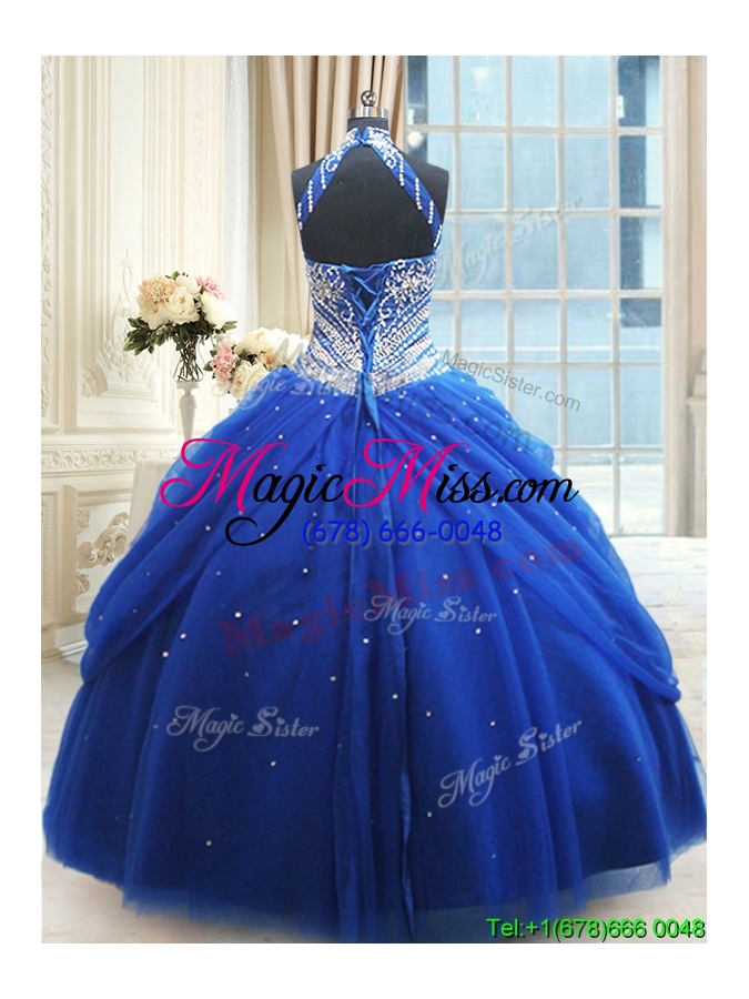 wholesale top seller beaded decorated halter top royal blue quinceanera dress in tulle