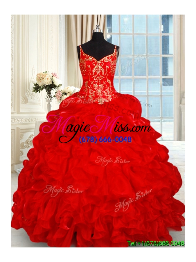 wholesale lovely spaghetti straps brush train red quinceanera dress with ruffles and bubbles