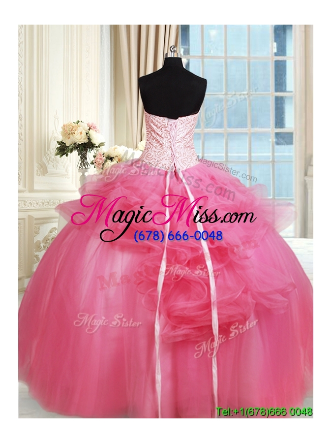 wholesale affordable beaded strapless hot pink quinceanera dress with appliques and ruffles