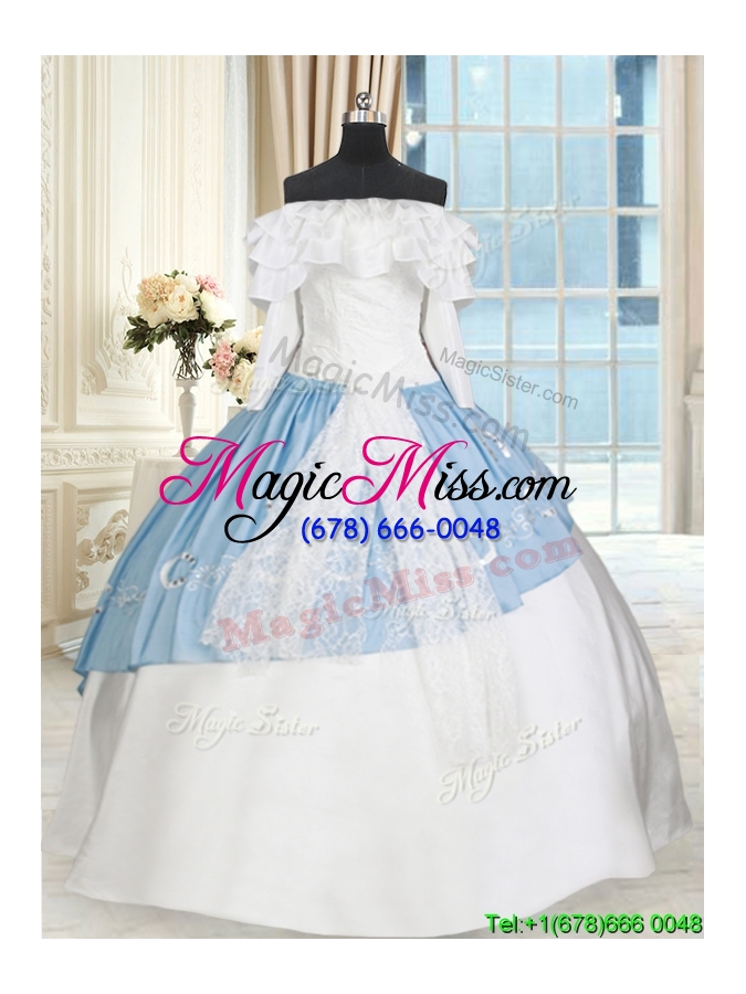 wholesale perfect off the shoulder white and light blue quinceanera dress with long sleeves