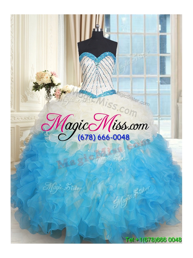 wholesale fashionable ruffled and beaded bodice quinceanera dress in champagne and blue
