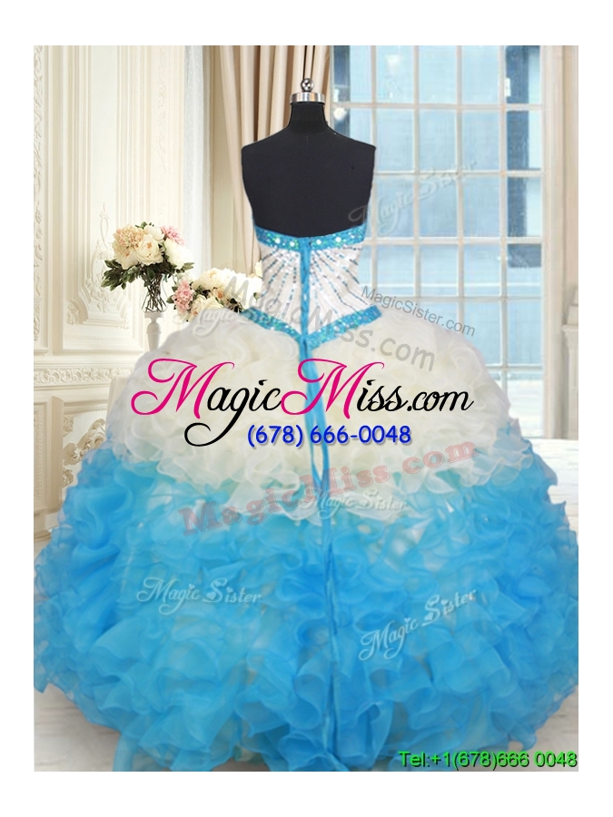 wholesale fashionable ruffled and beaded bodice quinceanera dress in champagne and blue