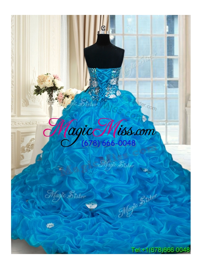 wholesale pretty beaded and bubble baby blue quinceanera dress with brush train