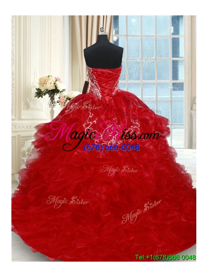 wholesale classical beaded brush train red quinceanera dresses with embroidery and ruffles