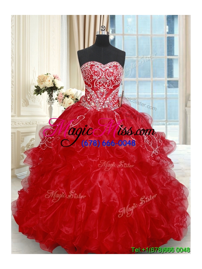 wholesale classical beaded brush train red quinceanera dresses with embroidery and ruffles