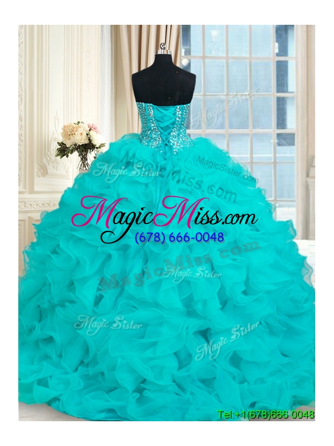 wholesale luxurious visible boning beaded bodice aquamarine quinceanera dress with brush train
