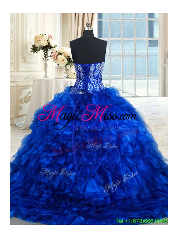 wholesale best selling ruffled beaded bodice royal blue quinceanera dress with brush train
