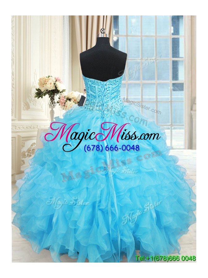 wholesale exclusive visible boning ruffled and beaded aqua blue quinceanera dress in organza