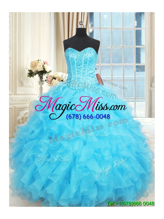 wholesale exclusive visible boning ruffled and beaded aqua blue quinceanera dress in organza