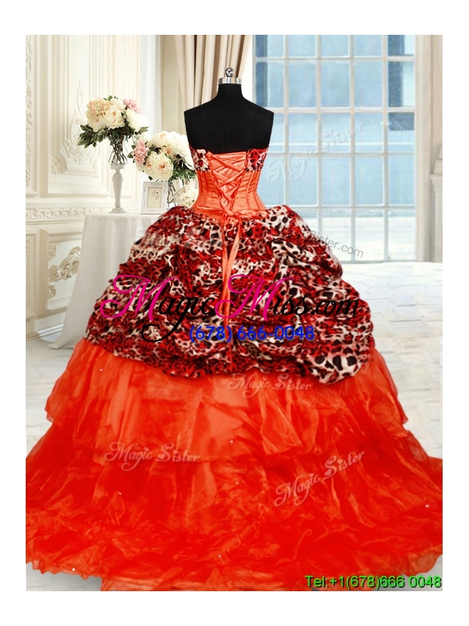 wholesale latest beaded brush train orange red quinceanera dress in organza and leopard