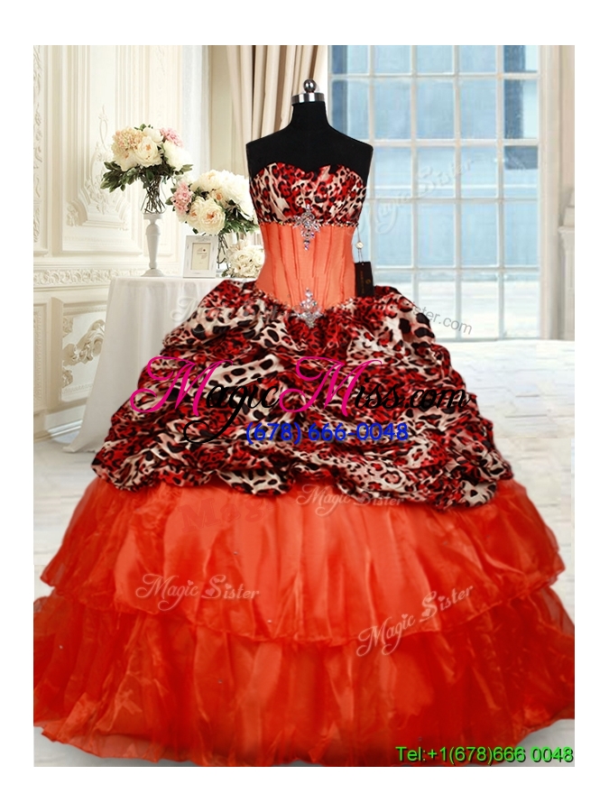 wholesale latest beaded brush train orange red quinceanera dress in organza and leopard