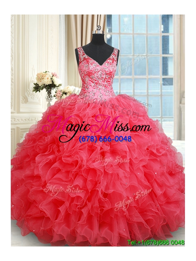 wholesale classical v neck ruffled and beaded coral red quinceanera dress with open back