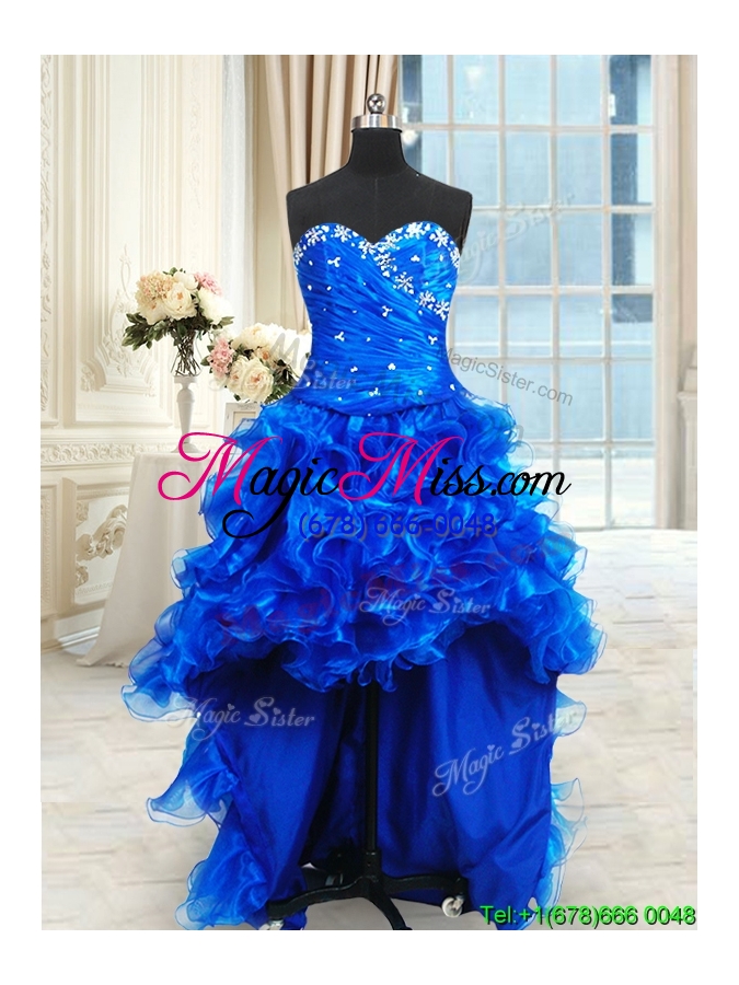 wholesale discount three for one ruffled and beaded royal blue quinceanera dress in organza