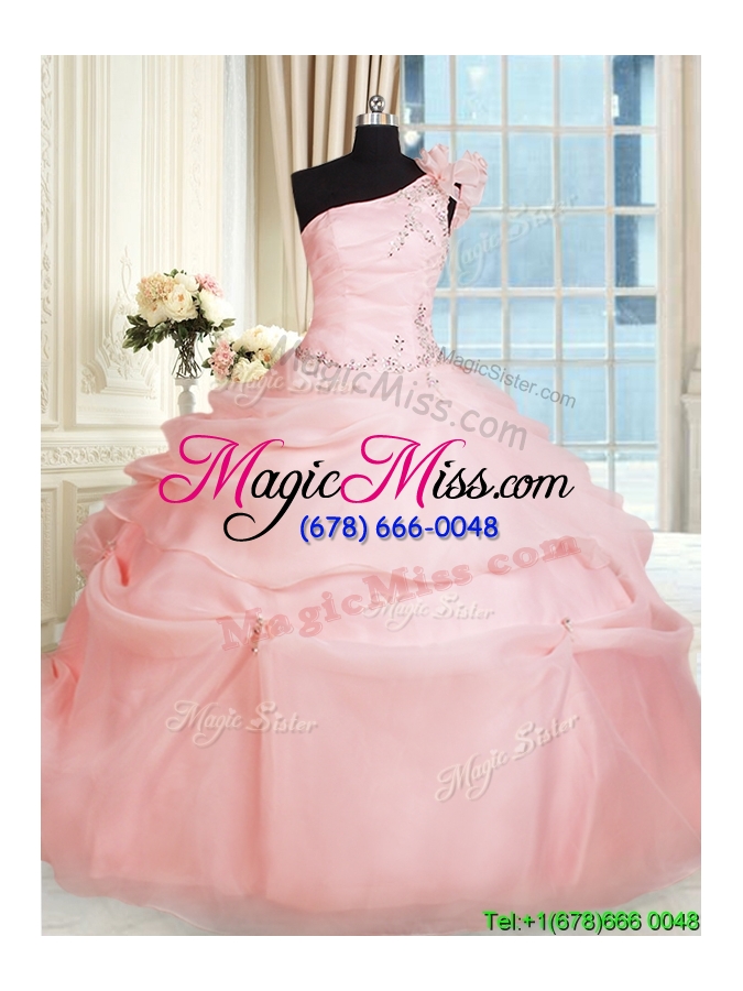 wholesale cheap one shoulder pink quinceanera dress with handcrafted flower and beading