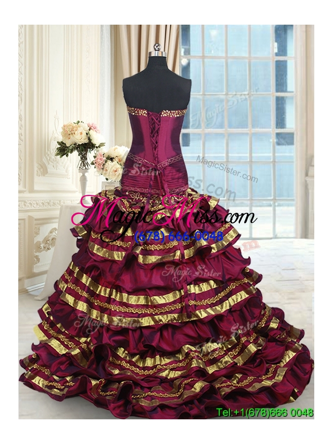 wholesale hot sale bowknot ruffled layers gold and burgundy quinceanera dress with brush train