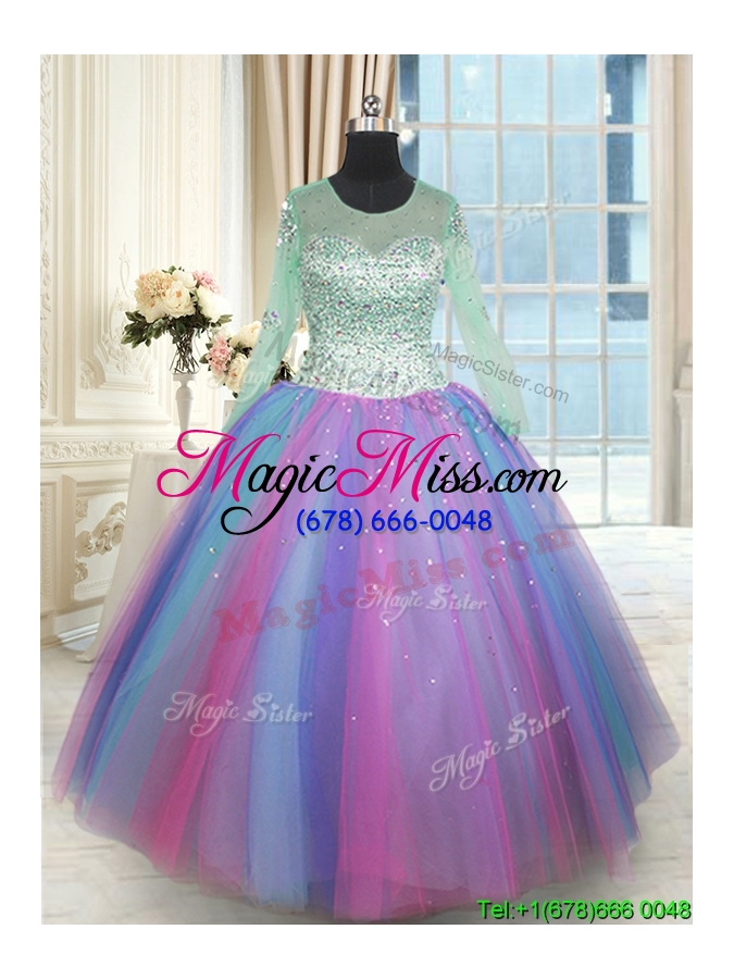 wholesale perfect see through scoop long sleeves rainbow colored quinceanera dress in tulle